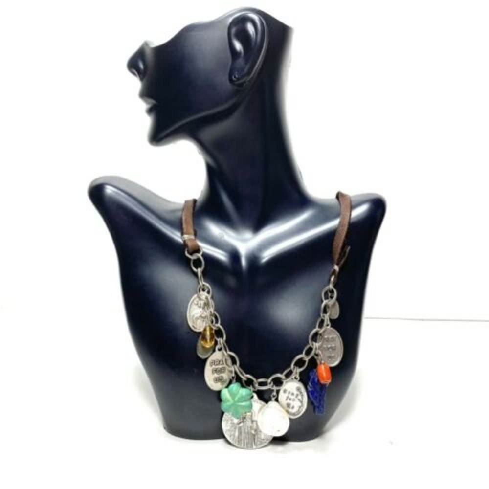 Julio Catholic Charm Medalion Necklace Beaded Chain Silver Tone Leather Artisan
